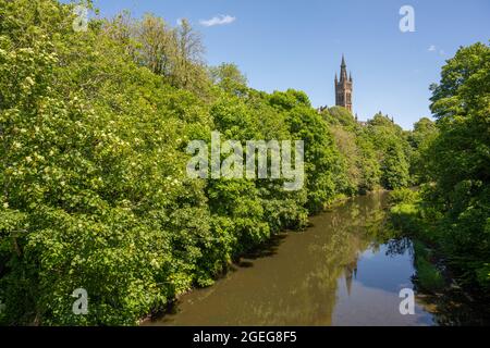 La tour de l'Université de Glasgow conçue par Sir George Gilbert Scott. Depuis les rives de la rivière Kelvin, Glasgow, Écosse Banque D'Images