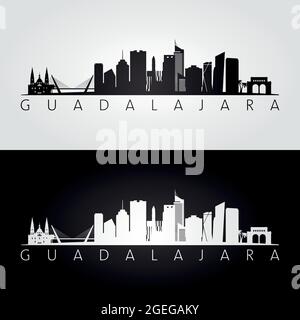 Silhouette des gratte-ciel et des repères de Guadalajara, design noir et blanc, illustration vectorielle. Illustration de Vecteur