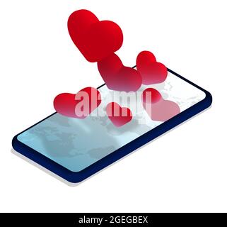 des ballons rouges en forme de cœur sortent de l'écran du smartphone. Messages électroniques de bienvenue le jour de la Saint-Valentin. Vecteur 3D réaliste isométrique Illustration de Vecteur