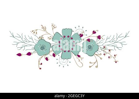 Ornement fleurs zen art gribouillage belles fleurs délicates feuilles brindilles dessin à la main, isolé, fond blanc, élément pour votre conception, pour les cartes de vœux de vacances. Illustration vectorielle Illustration de Vecteur