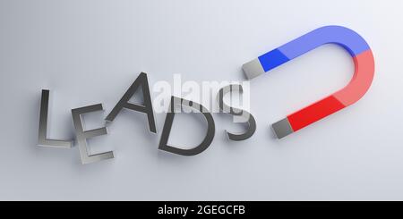 MagNet attirer des lettres du mot leads sur fond gris, business ventes ou marketing concept de stratégie, illustration 3D Banque D'Images