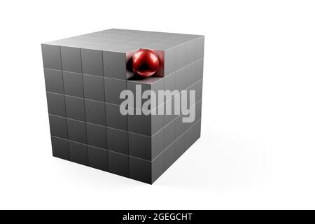 Sphère rouge dans le coin du bloc faite de cubes sur fond blanc - module de logiciel d'affaires, travail d'équipe ou concept hors-la-vue, illustration 3D Banque D'Images
