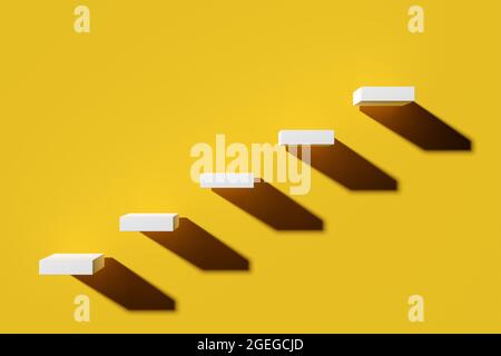 Cubes blancs formant des étapes ou des escaliers sur fond jaune, carrière, succès ou croissance concept minimal, illustration 3D Banque D'Images