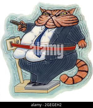 Illustration de concept art, gros chat homme d'affaires sur une machine de perte de poids. Représentant les cadres surpayés et le besoin de pratiques commerciales plus minces. Banque D'Images