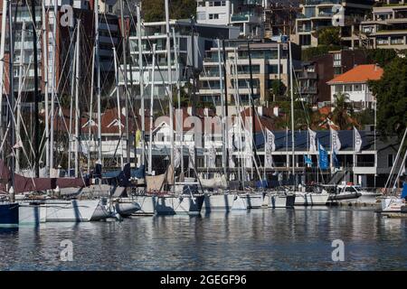 Sydney, Australie. Vendredi 20 août 2021. Vues générales sur les yachys amarrés dans le port de Sydney au Rushcutters Bay Park. Le programme d'éclusage de Sydney a été prolongé jusqu'au 30 septembre dans la grande région de Sydney, le nombre de cas de déformation Delta COVID-19 continuant d'augmenter. Les masques faciaux sont désormais obligatoires à l'extérieur dans toute la Nouvelle-Galles du Sud, sauf s'ils font Crédit : Paul Lovelace/Alamy Live News Banque D'Images