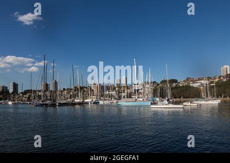 Sydney, Australie. Vendredi 20 août 2021. Vues générales sur les yachys amarrés dans le port de Sydney au Rushcutters Bay Park. Le programme d'éclusage de Sydney a été prolongé jusqu'au 30 septembre dans la grande région de Sydney, le nombre de cas de déformation Delta COVID-19 continuant d'augmenter. Les masques faciaux sont désormais obligatoires à l'extérieur dans toute la Nouvelle-Galles du Sud, sauf s'ils font Crédit : Paul Lovelace/Alamy Live News Banque D'Images