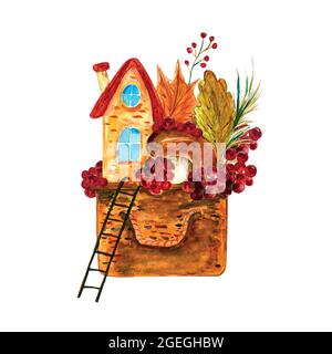 une maison d'aquarelle dans un panier avec des feuilles d'automne et des baies et des champignons Illustration de Vecteur