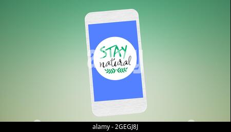 Composition du texte « Stay Natural » et du logo « Leaf » sur l'écran bleu du smartphone, sur fond vert Banque D'Images