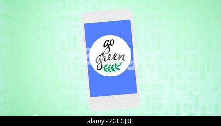 Composition du texte vert Go et du logo feuille sur l'écran bleu du smartphone, sur fond vert pâle Banque D'Images