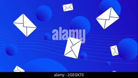 Plusieurs icônes de message tombant contre des sphères sur fond bleu Banque D'Images