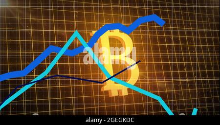 Les graphiques se déplacent sur la grille contre le symbole de bitcoin doré Banque D'Images