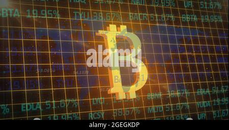Traitement des données boursières par grille contre le symbole de bitcoin doré Banque D'Images