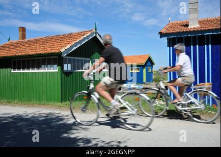 Tourisme sur l'île d'Oléron (ouest de la France). Couple à vélo après le site ostréicole de fort Royer Banque D'Images