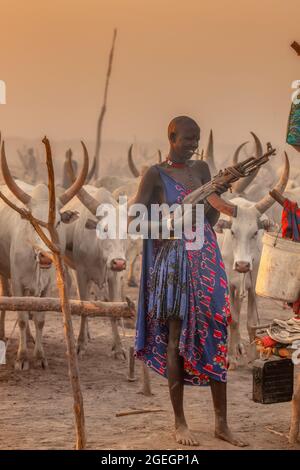 Une femme a tenu une AK47 en face d'elle. TEREKEKA, SOUDAN DU SUD : dans une image, un homme a été accrochée dans la caméra entourée de vaches pendant qu'il était brandish Banque D'Images