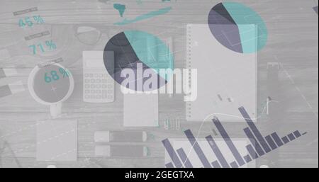 Image numérique composite du traitement des données statistiques par rapport à l'équipement de bureau sur le bureau Banque D'Images
