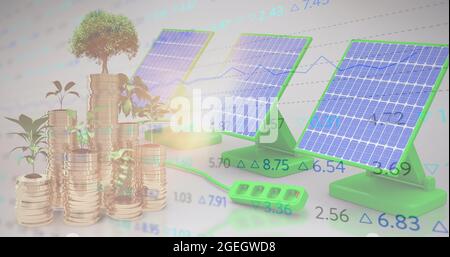 Traitement des données du marché boursier sur les usines de la pile de pièces d'or contre les panneaux solaires Banque D'Images
