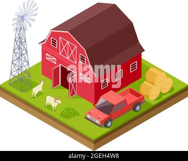 Bâtiments agricoles. Moulin à vent pour bétail de camion isométrique. Maison rurale rouge, illustration de vecteur d'agriculture 3d Illustration de Vecteur