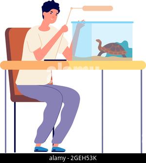 Tortue domestique. Aquarium pour les reptiles, gars jouant avec les animaux de compagnie. Vétérinaire prenant soin de l'illustration de vecteur d'animal sauvage Illustration de Vecteur