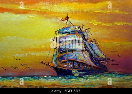 art huile peinture voilier , barque en mer de thaïlande , junk boat Banque D'Images