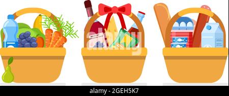 Paniers alimentaires. Repas cadeau de Noël, paquet avec différents repas. Ensembles de pique-nique plats isolés du marché agricole ou de l'épicerie Illustration de Vecteur