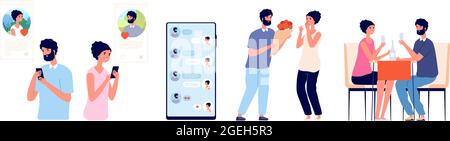 Chat de rencontres sur smartphone. Amour en ligne, fille flirting avec le type ou romantique date. Un couple mignon utilise un message texte mobile et une illustration de vecteur de réunion Illustration de Vecteur