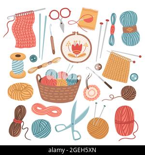 Coudre les filetages. Couture en tricot, balles en laine. Accessoires d'artisanat de dessin animé isolé, crochet aiguilles outils passe-temps illustration vectorielle Illustration de Vecteur