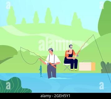 Pêche sur la rivière. Le pêcheur attrape des poissons, homme avec la tige dans le lac. Activités de loisirs entre amis, activités de loisirs en plein air pour hommes. Les gens détendent l'illustration vectorielle Illustration de Vecteur