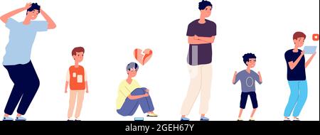 Personnages masculins émotionnels. Des hommes d'âges différents, des adolescents isolés et des adultes. Petite fille pleure, illustration du vecteur homme déprimé Illustration de Vecteur