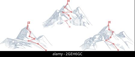 Chemins de montagne. Progrès, succès chemin de randonnée métaphore d'affaires. Ascension du voyage jusqu'au sommet ou itinéraire de la mission. Illustration vectorielle de carrière progressive Illustration de Vecteur