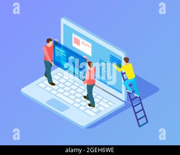 Mise à niveau de l'interface Web. Développeurs Web, programmeurs au travail. Personnes isométriques travaillant avec un ordinateur portable, illustration vectorielle de remplacement de contenu Illustration de Vecteur