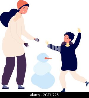 En hiver. Mère fils faisant bonhomme de neige. Une famille heureuse se promenant à l'extérieur par temps froid. Tenue saisonnière, illustration vectorielle des vacances de vacances Illustration de Vecteur