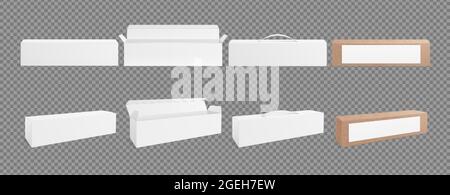 Maquette de boîtes 3D. Carton emballage vide, emballage blanc et artisanal réaliste. Illustration vectorielle isolée ouverte, fermée et embalée avec poignée Illustration de Vecteur