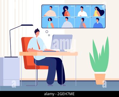 Vidéo conférence. Appel professionnel sur Internet, discussion en ligne avec les employés de bureau. Concept de vecteur de réunion d'amis, de séminaire en ligne ou de classe virtuelle d'apprentissage Illustration de Vecteur