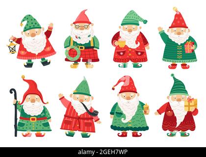 Nains de Noël. Gnome de conte de fées mignon, vieux hommes de barbe saluant avec x-mas. Maison jardin personnages magiques, hiver vacances fantastique ensemble de vecteur Illustration de Vecteur