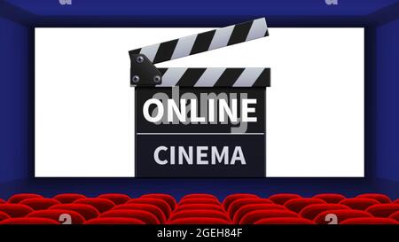 Cinéma réaliste. Intérieur de cinéma, écran de film en ligne. Chaises rouges et film clapper illustration vectorielle Illustration de Vecteur