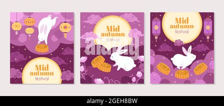 Cartes du festival du milieu de l'automne. Symboles Fest, lanterne de lapin de dessin animé et invitation au gâteau. Affiche vectorielle pleine lune asiatique chinoise et coréenne Illustration de Vecteur