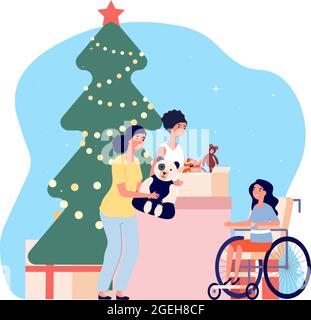 La charité de Noël. Les bénévoles donnent le jouet à la fille handicapée. Dons, cadeaux de vacances concept vectoriel Illustration de Vecteur