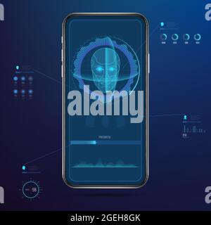 ID de face Technologie de reconnaissance faciale, numérisation de portraits et protection de l'identité. lecteur 3d pour téléphone portable, identification personnelle et accès sécurisé Illustration de Vecteur