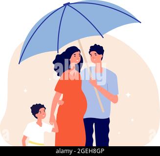 Concept de protection de la famille. Homme tenant un parapluie sous la femme et le fils enceintes. Parents, adultes et enfants heureux. Assurance vie, métaphore de la protection sociale Illustration de Vecteur