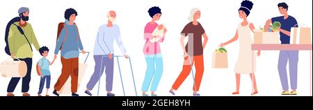 Dons alimentaires. Les pauvres, les réfugiés et la mère célibataire avec des nouveau-nés, des personnes âgées dans la file d'attente pour l'aide humanitaire. Concept de vecteur de bénévolat et de bienfaisance Illustration de Vecteur