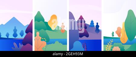 Cartes nature paysage. Hiver été printemps bannières, forêt et lac modèle minimal de vecteur de médias sociaux Illustration de Vecteur