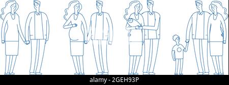 Étapes familiales. Jeune couple, grossesse parentalité. Homme adulte femme de rencontres aux enfants. Illustration vectorielle parents heureux Illustration de Vecteur