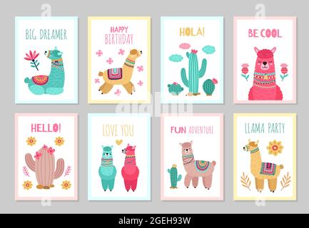 Cartes Llama. Belles invitations, fleurs alpaga coloré invitations d'anniversaire. Affiches bébés enfants avec cactus mignon animaux sauvages ensemble de vecteur Illustration de Vecteur