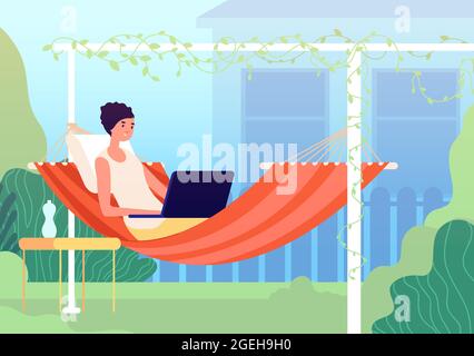 Reposez-vous dans un hamac. Balcon d'été, jardin se détendre sur l'arrière-cour. Femme moderne se détendant dans le jardin avec ordinateur portable, travail dans le concept de vecteur de vacances Illustration de Vecteur