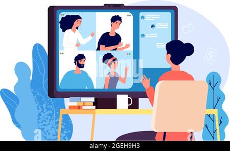 Appels vidéo. Conférence en ligne, appel Internet ou chat professionnel. Les personnes du groupe ont une discussion à distance Illustration de Vecteur