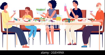 Déjeuner en famille. Des gens heureux qui mangent ensemble, Noël festif ou dîner de Thanksgiving. Diverses générations, homme femme enfant célébrant le vecteur Illustration de Vecteur