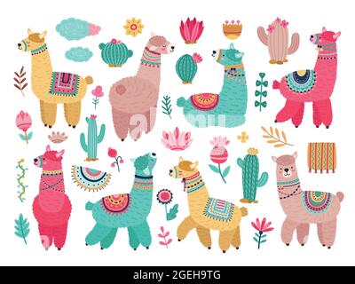 Llama avec cactus. Adorable alpaga, jeunes lamas fleurs et objets d'art floraux. Autocollants isolés pour enfants d'animaux sauvages, ensemble de vecteurs éléments de cuitude Illustration de Vecteur