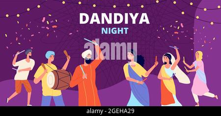 Bannière de nuit Garba dandiya. Discothèque folklorique du Gujarat, danse de vacances pour filles garçons. Festival de musique de religion, illustration de vecteur de jeune couple indien Illustration de Vecteur