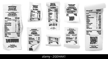 Facture de reçus. Tirages papier au guichet automatique, billets payants ou facture d'achat du magasin. Collecte de vecteur de commande au supermarché réaliste isolée Illustration de Vecteur