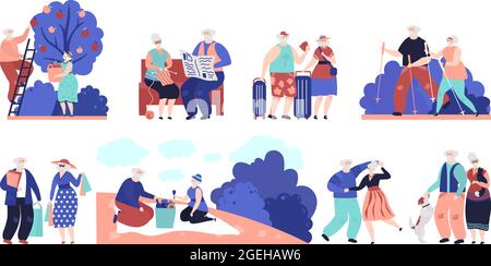 Personnes âgées. Seniors en plein air, chien de marche de vieille personne. Homme femme activités amusantes, sport et shopping, grands-parents voyage personnages vectoriels Illustration de Vecteur